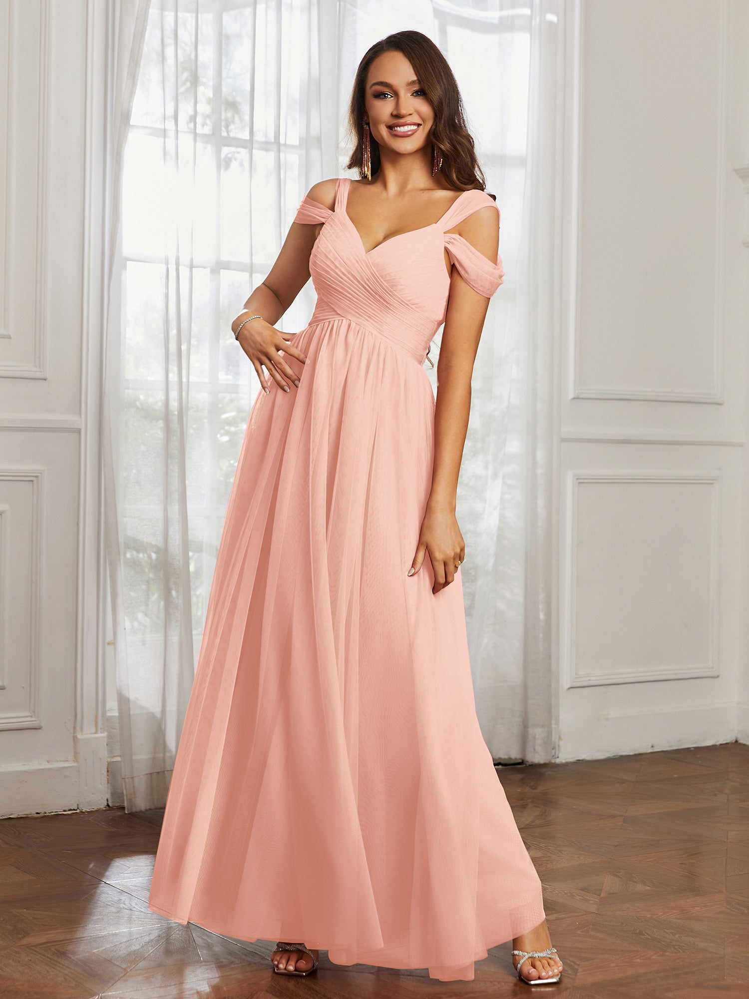 Off-the-shoulder Ruched Tulle A-line Dress Coral